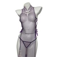 Purple Sensual Lingerie Set - Modest-Chic Split Qipao with Sheer Mesh & Ties, No-Remove Design thumbnail