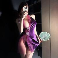 Purple Silk-Look Sensual Hanfu Lingerie Set – Sexy Modest Qipao Sleepwear, Push-Up Bra & Matching Briefs thumbnail