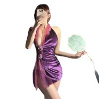Purple Silk-Look Sensual Hanfu Lingerie Set – Sexy Modest Qipao Sleepwear, Push-Up Bra & Matching Briefs thumbnail
