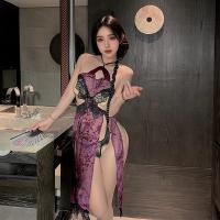 Purple High-Slit Cheongsam Lingerie Set – Sheer Seductive Sleepwear, Sensual Bedroom Outfit with Alluring Cutouts thumbnail