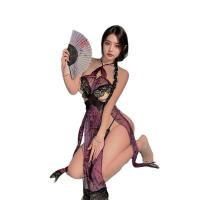 Purple High-Slit Cheongsam Lingerie Set – Sheer Seductive Sleepwear, Sensual Bedroom Outfit with Alluring Cutouts thumbnail