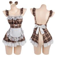 Qiaoduo Schoolgirl Maid Costume - Sexy Lace Trim Split-Back Plaid Dress Cosplay Outfit thumbnail