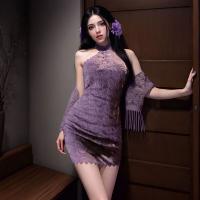 Qing Ran Sensual Off-Shoulder Cheongsam - New Chinese Style Lace Bodycon Purple Wrap Dress with Frog Buttons thumbnail