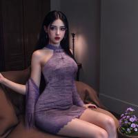 Qing Ran Sensual Off-Shoulder Cheongsam - New Chinese Style Lace Bodycon Purple Wrap Dress with Frog Buttons thumbnail