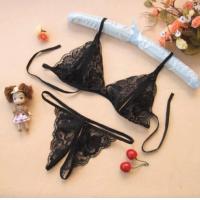 Qingran Lace Thong Bra Set - Sheer Open-Crotch Erotic Lingerie Two-Piece Outfit for Women thumbnail
