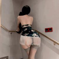 Qingran Vintage Velvet Cheongsam Lingerie - Seductive Peony Print Bodycon Dress with Tassels thumbnail