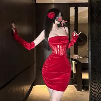 QingShe Red Velvet Sexy New Year Outfit - Sheer Lace Bodycon Dress with Sparkling Backless Design thumbnail