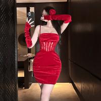 QingShe Red Velvet Sexy New Year Outfit - Sheer Lace Bodycon Dress with Sparkling Backless Design thumbnail