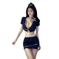 QQNY Airline-Style Sexy Lingerie Set – Hot Pink Flight Attendant Costume for Women, Bodycon Mini Skirt Nightclub Outfit thumbnail