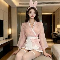 Rabbit-Themed Japanese Maid Costume Sleepwear Set – Cute & Alluring Kimono-Style Robe with Bow Dress thumbnail