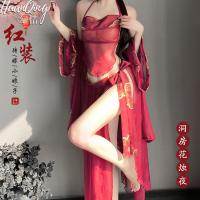 Red Chinese-Inspired Sexy Lingerie Set - Sheer Hanfu Style Bodysuit & Matching Accessories for Curvy Brides thumbnail