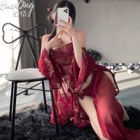 Red Chinese-Inspired Sexy Lingerie Set - Sheer Hanfu Style Bodysuit & Matching Accessories for Curvy Brides thumbnail