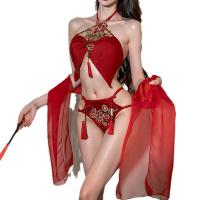 Red Chinese-Style Lingerie Set - Sexy Hanfu Belly Dance Bralette with Lace & Tassels, Romantic Sleepwear thumbnail