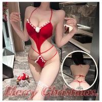 Red Christmas Lingerie Set - Sexy V-Neck Festive Sleepwear with Pom-Poms, Holiday Cosplay Outfit thumbnail