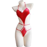 Red Christmas Lingerie Set - Sexy V-Neck Festive Sleepwear with Pom-Poms, Holiday Cosplay Outfit thumbnail