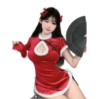 Red Holiday Lingerie Set - Sexy Chinese-Inspired New Year & Christmas Party Dress with Qipao Style thumbnail