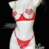 Red Lace Sexy Bra Set - Hollowed-out European and American style push-up lingerie set with sheer details thumbnail