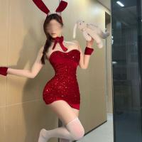 Red Sexy Bunny Girl Costume - Sparkly Tight Mesh Bodysuit & Skirt Set, New Year Lingerie Outfit thumbnail