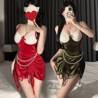 Red Velvet Deep V Lingerie Set - Retro Christmas Bridal Sleepwear with Lace Trim & Seductive Silhouette thumbnail