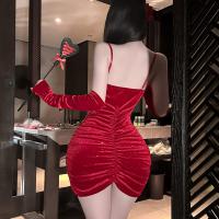 Red Velvet Lace Bodycon Mini Dress - Sheer Sexy Holiday Party Dress with Thin Straps & Sparkle Detail thumbnail