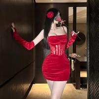 Red Velvet Sexy New Year Lingerie Dress – Sheer Lace Bodycon with Sparkling Rhinestones & Backless Design thumbnail