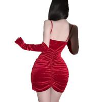 Red Velvet Sexy New Year Lingerie Dress – Sheer Lace Bodycon with Sparkling Rhinestones & Backless Design thumbnail