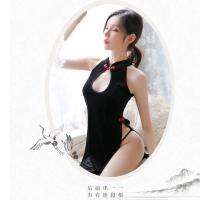 Retro Chinese-Style Lingerie Set - Back-Tie Cheongsam Costume with Sheer Cutouts for Nightclub & Performance thumbnail