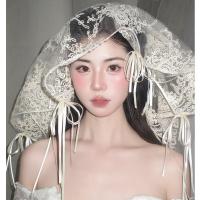 Retro Lace Bow Veil Headband for Brides - French Chic Wedding Hair Accessory for Photoshoots & Travel thumbnail