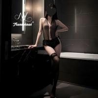 Seductive Deep-V Lace Bodysuit - Sheer Mesh Cross-Strap Erotic Open-Crotch Intimate Lingerie for Women thumbnail