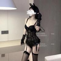 Seductive Lace Lingerie Set with Sheer Mesh Bodysuit & Garter Stockings for Women thumbnail