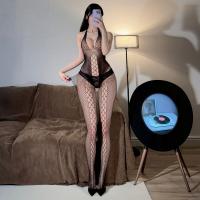 Seductive Plus Size Lace Bodysuit with Sheer Mesh & Thigh-High Black Stockings - Open-Crotch Erotic Lingerie Set thumbnail