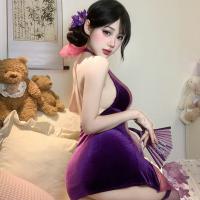 Seductive Purple Cheongsam Lingerie Set - Pure-Yet-Tempting Sleepwear with Open Back & No-Remove Design thumbnail