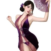 Seductive Purple Cheongsam Lingerie Set - Pure-Yet-Tempting Sleepwear with Open Back & No-Remove Design thumbnail