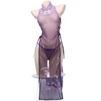 Seductive Purple Cheongsam Lingerie Set - Sheer Mesh Split Dress with Ties, No-Remove Design thumbnail