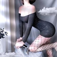 Seductive Secretary Costume Outfit - Gold Silver Blue Lace Off-Shoulder Mini Dress for Nightclub & Live Streaming thumbnail