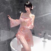 Seductive Sheer Backless Hanfu Sleep Dress Set - Sensual Lace Trimmed Sleeveless Chemise with Side Slit thumbnail