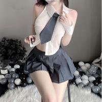 Seductive Short Crop Top Skirt Set - Slim-Fit Pleated Schoolgirl Costume Outfit for Women thumbnail