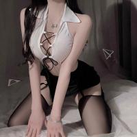 Seductive Teacher-Style Lace Bodysuit - Sheer Chest Cut-Out, High-Slit Bodycon Mini Dress with Adjustable Straps thumbnail