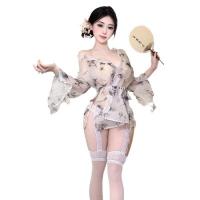 Sensual Butterfly Print Sheer Kimono Robe Set - Deep V-Neck Lace-Up Sleepwear & Lounge Ensemble thumbnail