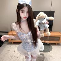Sensual Deep V Lace Sheer Maid Outfit - Plaid Mini Skirt & Strap Top Set, Pure & Tempting Lingerie thumbnail
