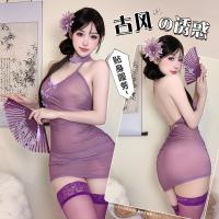 Sensual Lace Backless Sheer Vintage Qipao Sleepwear - Provocative No-Remove Nursing Lingerie Set thumbnail