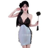 Sensual Lace Satin Sleep Dress for Women – Sheer Mesh Backless Slit Nightgown, Elegant Bedroom Lingerie Set thumbnail