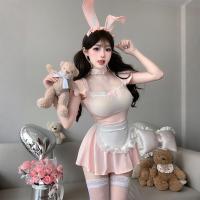 Sensual Lace Sheer Maid Costume - No-Remove Bunny Girl Outfit with Transparent Mesh & Adjustable Straps thumbnail