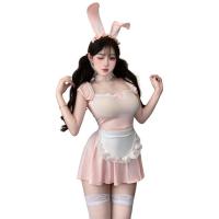 Sensual Lace Sheer Maid Costume - No-Remove Bunny Girl Outfit with Transparent Mesh & Adjustable Straps thumbnail