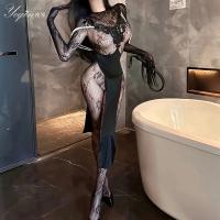 Sensual Modest Stockings Set - Black Silk-Look Lace Trimmed Corset-Style Mini Dress & Sheer Tights for Playful Elegance thumbnail