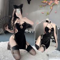 Sensual Plum Blossom Embroidered High-Slit Backless Cheongsam Set - Sexy Maid Costume Lingerie thumbnail