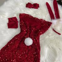 Sexy Christmas Lingerie Set - Red Sparkly Bunny Girl Outfit, Cleavage-Enhancing Bodysuit & Skirt for Holiday Cosplay thumbnail