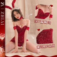 Sexy Christmas Lingerie Set - Red Sparkly Bunny Girl Outfit, Cleavage-Enhancing Bodysuit & Skirt for Holiday Cosplay thumbnail