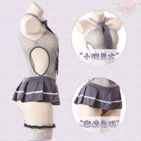 Sexy College Girl Lingerie Set - JK Uniform Outfit with Sheer Mesh Bodysuit & Thigh-High Stockings thumbnail