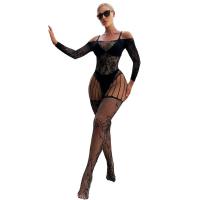 Sexy Lace Bodysuit with Sheer Mesh & Off-Shoulder Sleeves - Seductive Open-Crotch Bodystocking with Integrated Stockings thumbnail